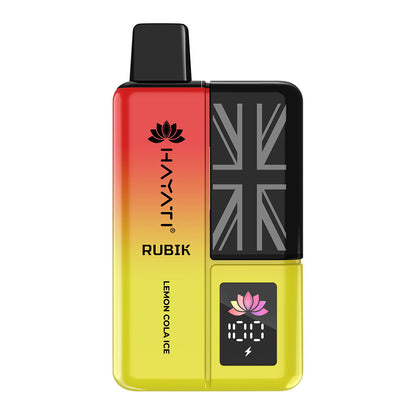 A colorful vape device by Hayati named Rubik, featuring a gradient red to yellow design with a British flag and "Lemon Cola Ice" flavor label.