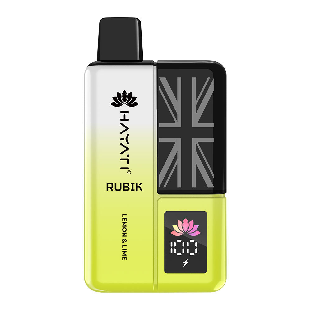 Hayati Rubik in vibrant yellow, featuring a Union Jack design and displaying "Lemon & Lime" flavor.
