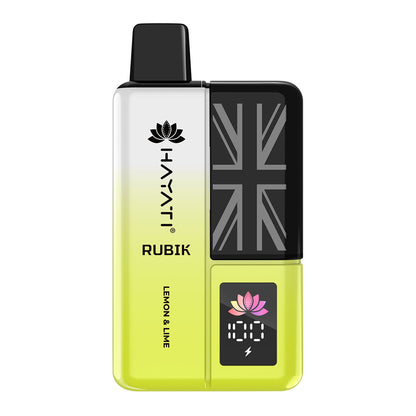 Hayati Rubik in vibrant yellow, featuring a Union Jack design and displaying "Lemon & Lime" flavor.