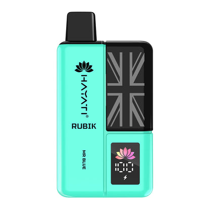 A mint green electronic vape device with a Union Jack design and a digital display labeled "MR BLUE" and battery status.