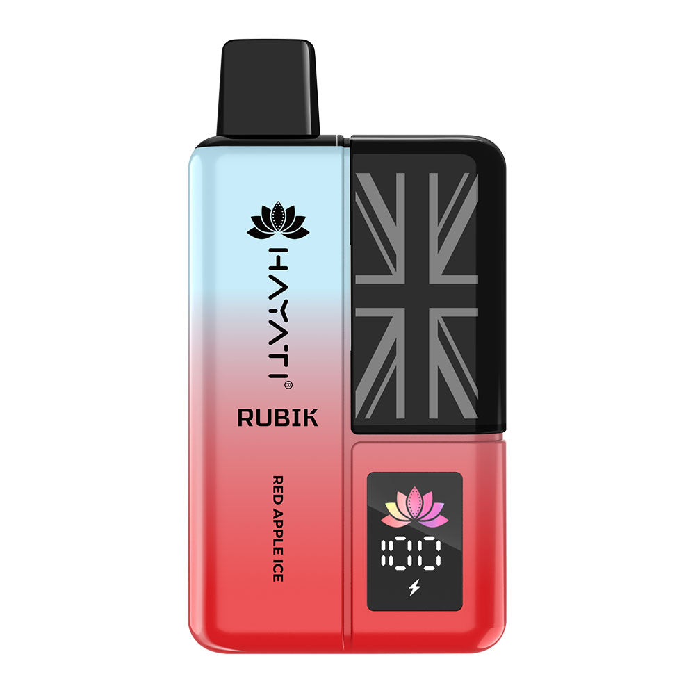 A colorful vape device named "Rubik" by Hayati, featuring a red and blue gradient and a "Red Apple Ice" flavor.