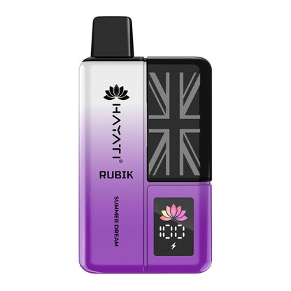 Purple and silver vape device labeled "Hayati Rubik Summer Dream" with a UK flag design and digital display.