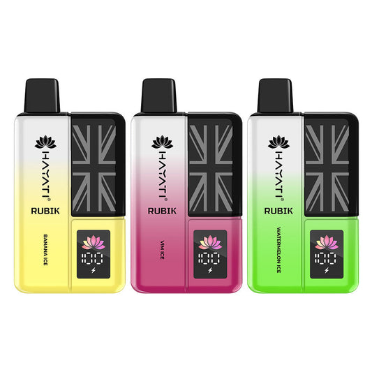 Three Hayati Rubik 7000 vape devices, labeled Banana Ice, Vim Ice, and Watermelon Ice, with a stylish design featuring a Union Jack motif.