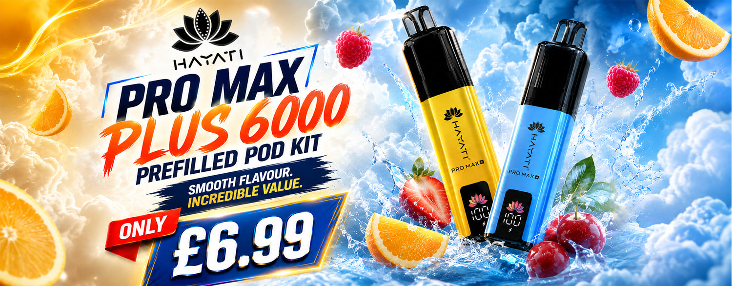 A promotional graphic for the HAYATI Pro Max Plus 6000 prefilled pod kit. Two pod devices, one yellow and one blue, are shown floating in a dynamic splash of water with citrus slices, raspberries, and strawberries.