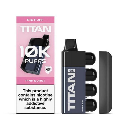 Titan 10K Puffs Pink Burst vape packaging and device, showing the product with removable components.