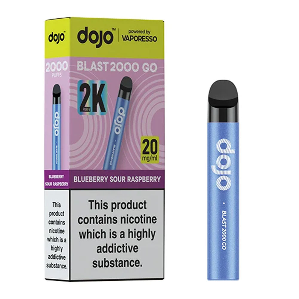 "Dojo Blast 2000 GO – Blueberry Sour Raspberry, 2000 puffs, 20mg nicotine.