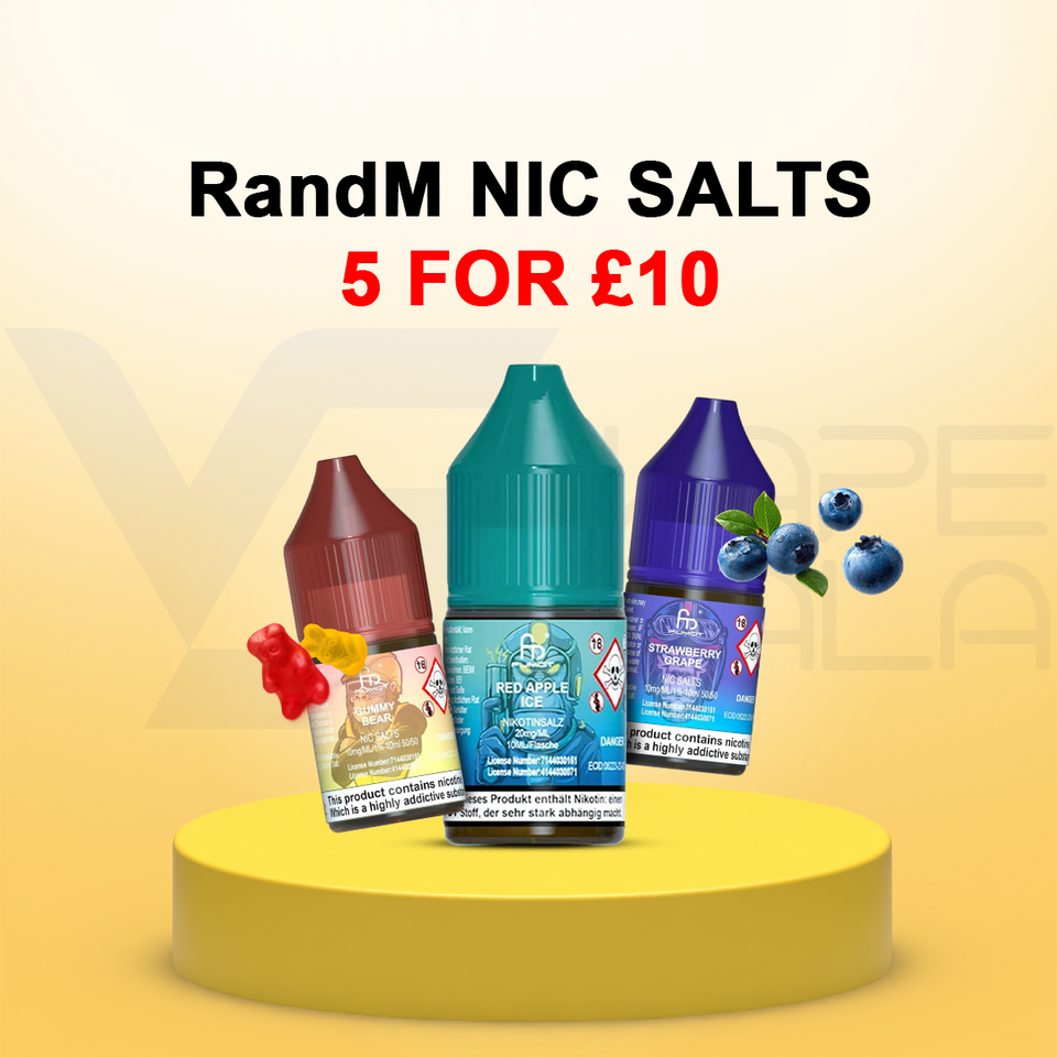 Three small e-liquid bottles displayed on a yellow pedestal against a pale yellow background, with promotional text reading 'RandM NIC SALTS' and '5 FOR £10'. The bottles are labeled Blueberry, Grape, and Berry, with blueberry and gummy candy graphics near them.