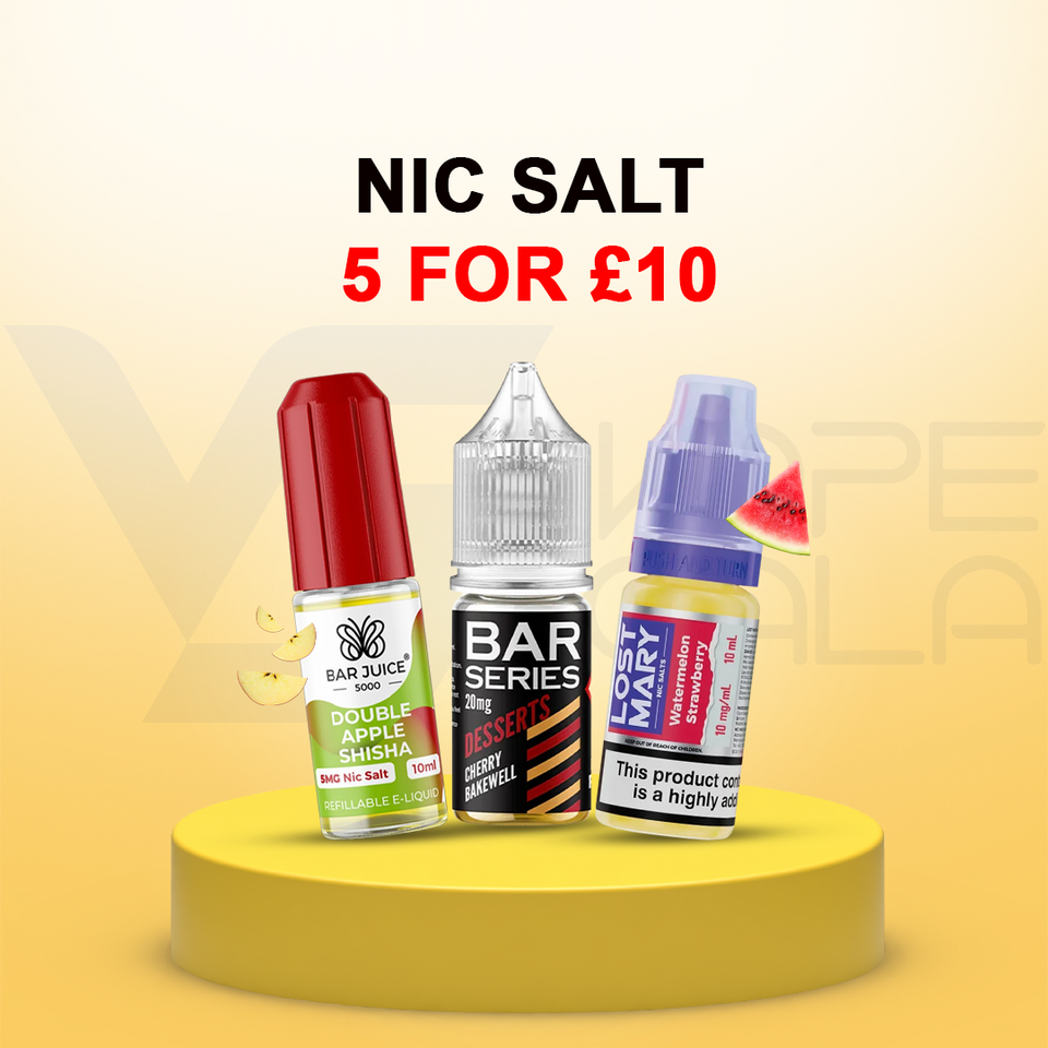 Three e-liquid bottles displayed on a yellow pedestal with promotional text reading 'NIC SALT 5 FOR £10' above them. The bottles are from Bar Quicka, including Double Apple Shield, Raspberry Ice, and Watermelon Lemonade flavors.
