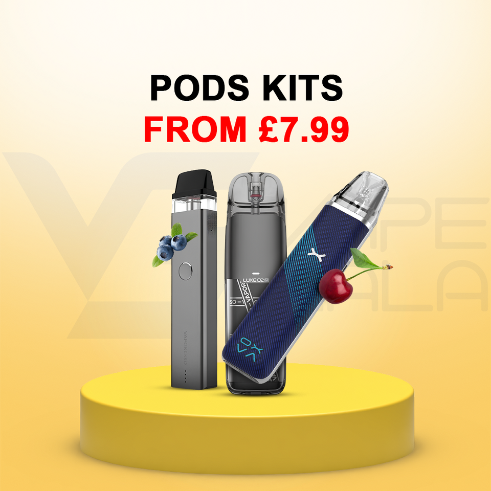 Two pod vape devices displayed on a yellow pedestal against a pale yellow background, with promotional text reading 'PODS KITS FROM £7.99'.