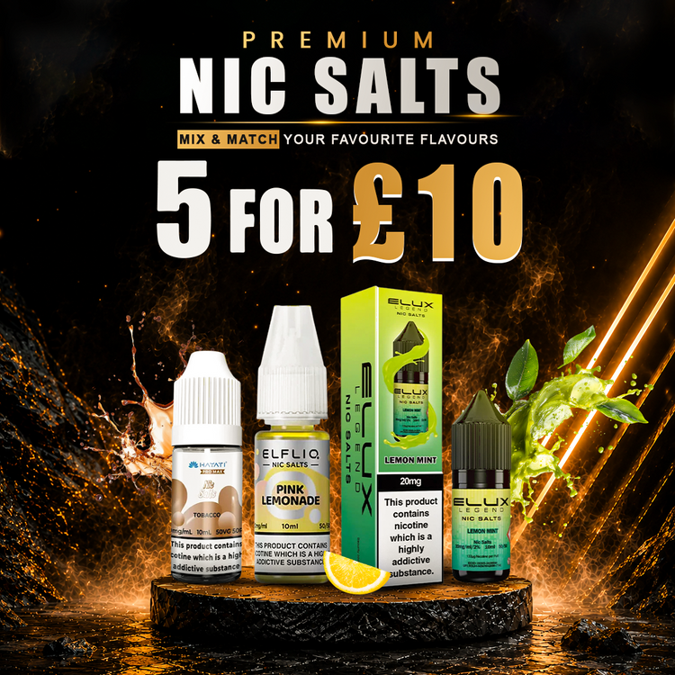Promotional graphic for ELFX Nic Salts showing four e-liquid bottles and a matching box on a dark dramatic background with fiery effects and green leaf graphics. The products include Blue Raspberry, Pink Lemonade, and Lemon Mint flavors, with large text reading 'PREMIUM NIC SALTS', '5 FOR £10', and 'MIX & MATCH YOUR FAVOURITE FLAVOURS'.